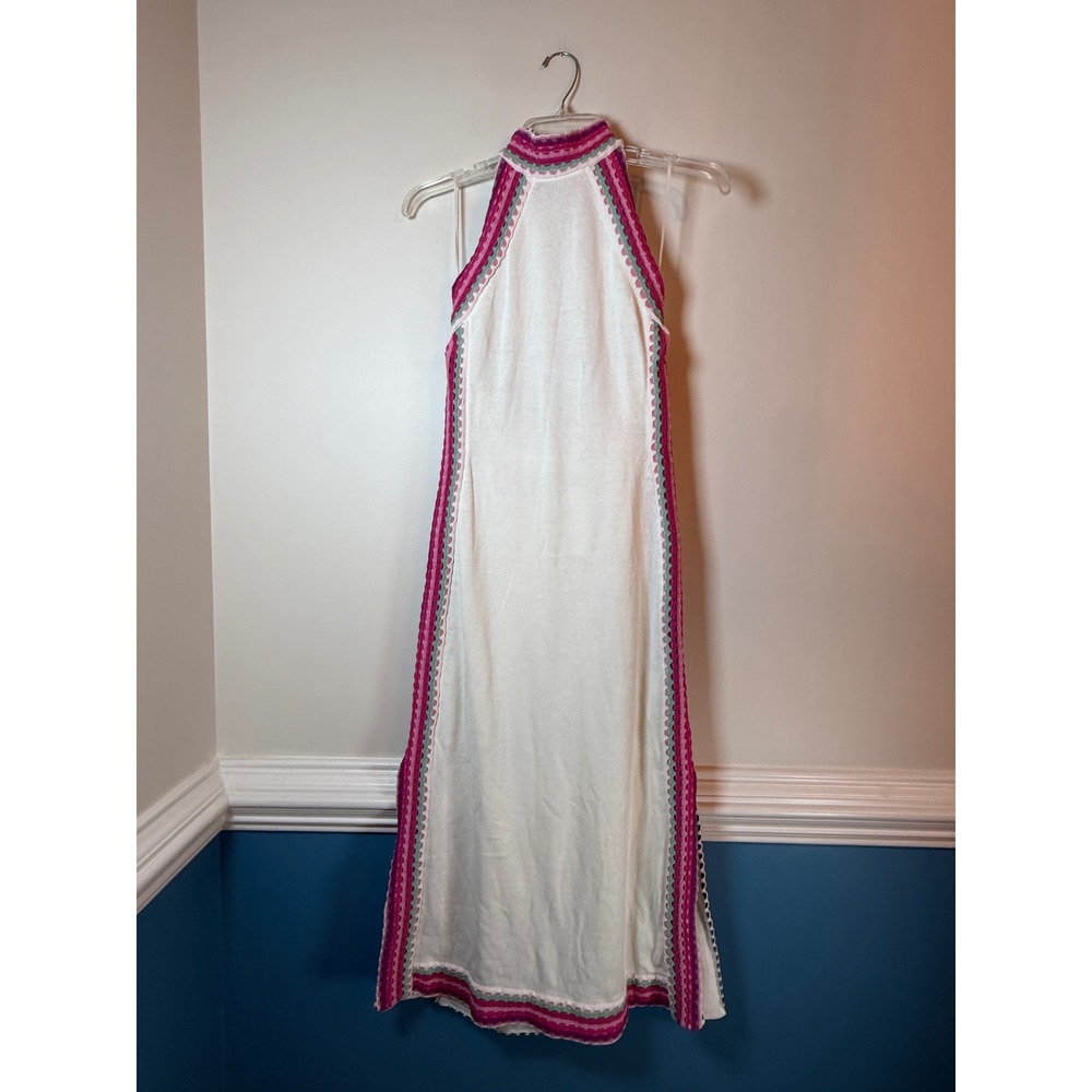 White Halter Neck Maxi Dress with Pink and Green Crochet Trim Open Back Boho